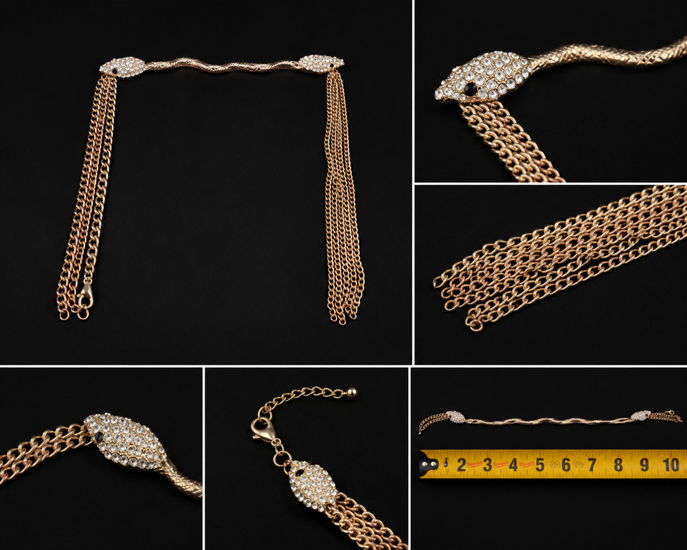 Vintage Style Rhinestone Snake Necklace Gold Tone Multi Chain Statement Jewelry